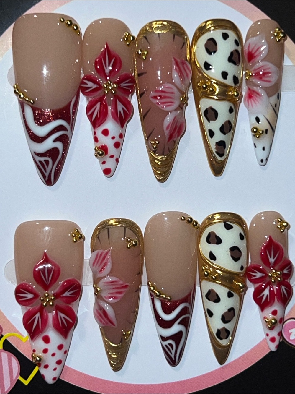 Stiletto Floral & Leopard Press-On Nails in Nude, Red & Gold Accents